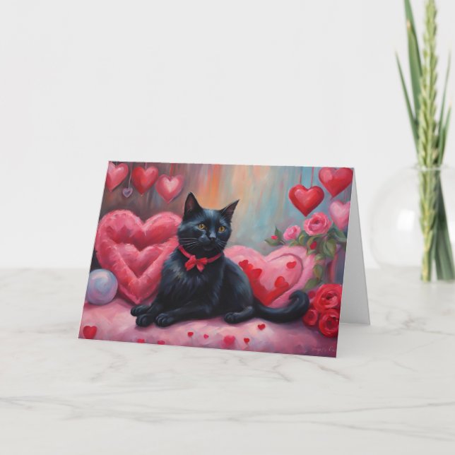 Tarjeta Festiva Gato El día de San Valentín negro (Anverso)