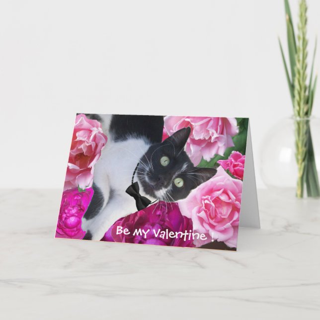 TARJETA FESTIVA GATO EL DÍA DE SAN VALENTÍN ROMÁNTICO CON ROSAS RO (Anverso)