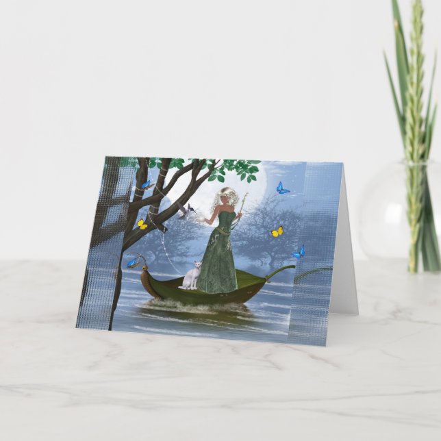 Tarjeta Festiva Gato Elf y Blanco montando en una carta de fantasí (Anverso)