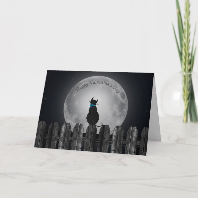 Tarjeta Festiva gato en la cerca con luna llena (Anverso)