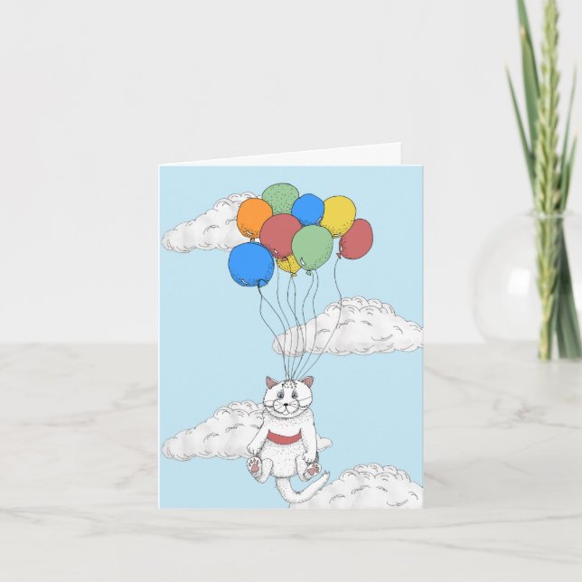 Tarjeta Festiva Gato en las nubes con globos (Anverso)