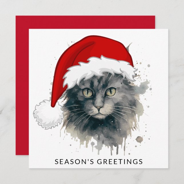 Tarjeta Festiva Gato en los saludos de la temporada de Santa Hat (Anverso / Reverso)