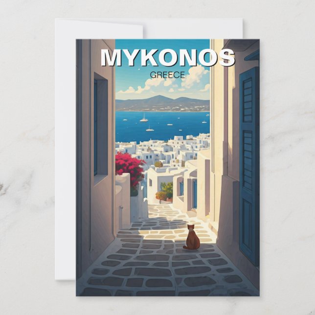 Tarjeta Festiva Gato en Mykonos Grecia en bicicleta en viaje (Anverso)