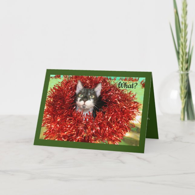 Tarjeta Festiva Gato En Tinsel (Anverso)