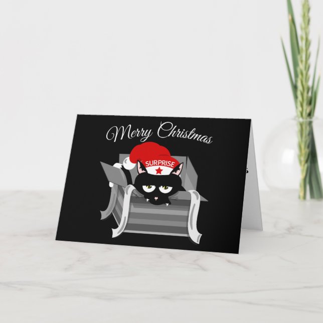 Tarjeta Festiva Gato en una caja Navidades graciosos (Anverso)