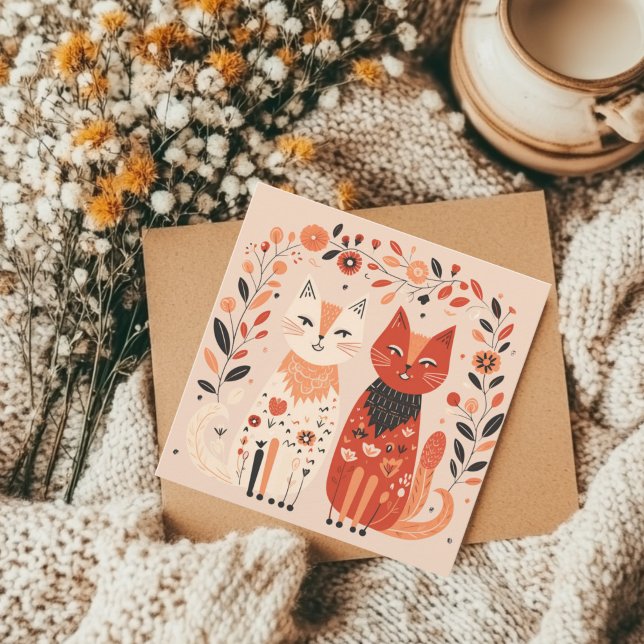 Tarjeta Festiva Gato escandinavo amante del corazón San Valentín (cat lover greeting card)