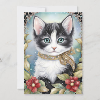 Tarjeta Festiva Gato Esmoquinado Elegante Marco Flora de Invierno