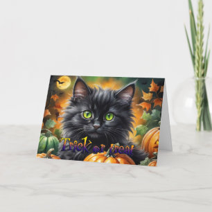 Tarjeta Festiva Gato Feliz de Halloween con calabaza