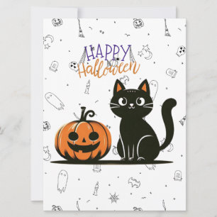 Tarjeta Festiva Gato feliz de Halloween y calabaza