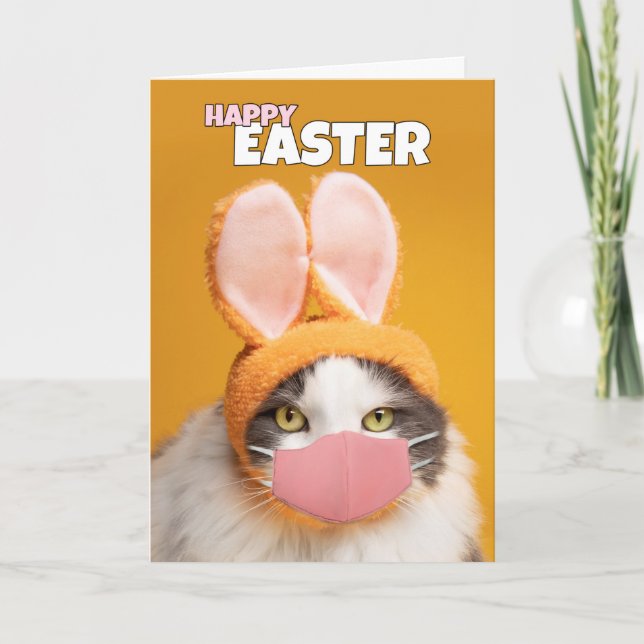 Tarjeta Festiva Gato feliz de Pascua en orejas de conejito y humor (Anverso)