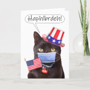 Tarjeta Festiva Gato feliz del Día del Trabajo hablando a través d