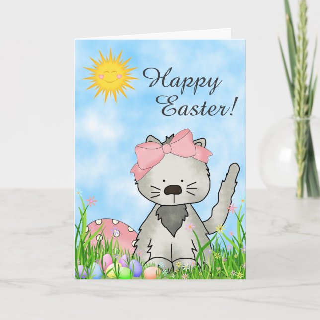 Tarjeta Festiva Gato feliz gris lindo de Pascua del gatito, de la (Anverso)