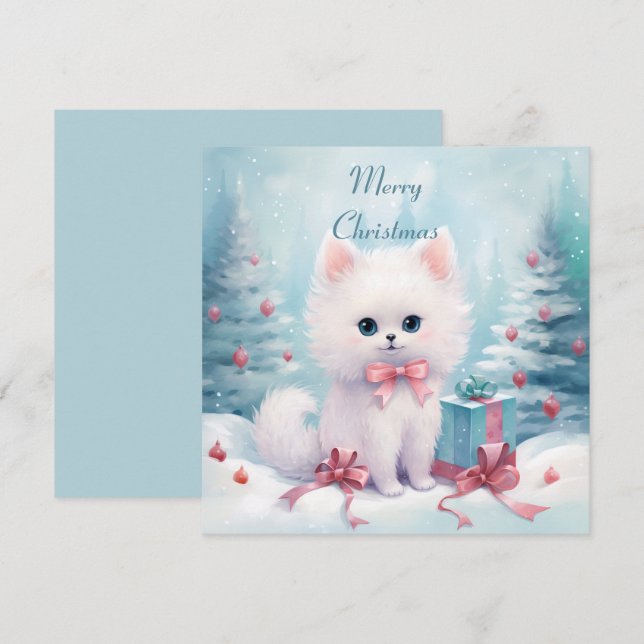 Tarjeta Festiva Gato fluffy con arco rosado (Anverso / Reverso)