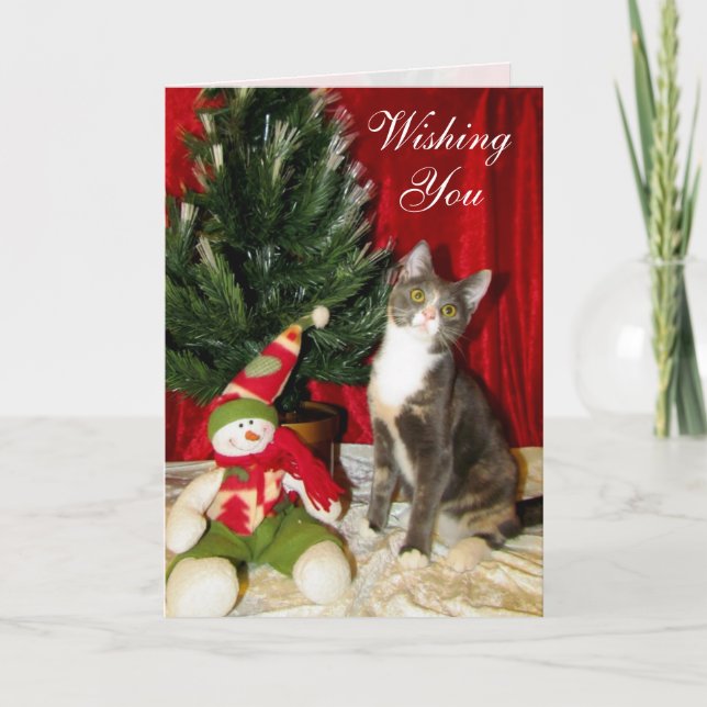 Tarjeta Festiva Gato, gatito, Navidades, rescate, foto (Anverso)