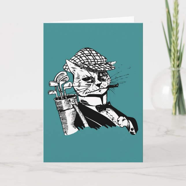 Tarjeta Festiva gato golfing divertido (Anverso)