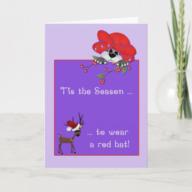 Tarjeta Festiva Gato Gorra rojo, reno, Navidades morados saludan (Anverso)