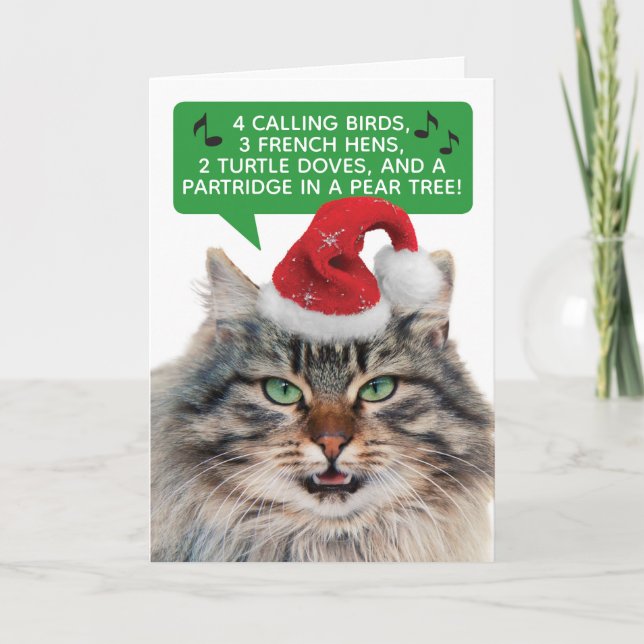 Tarjeta Festiva Gato Gracioso Cantando Los 12 Días De Navidades (Anverso)
