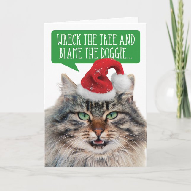 Tarjeta Festiva Gato gracioso de Navidades: destroza el árbol culp (Anverso)