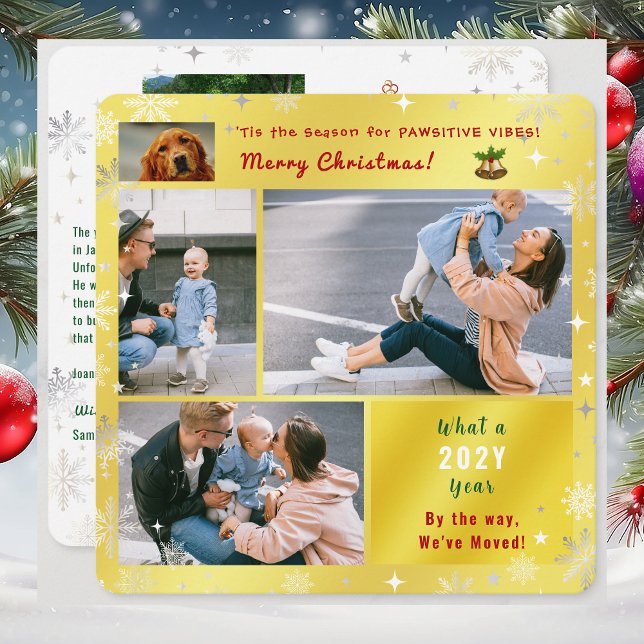 Tarjeta Festiva Gato gracioso de perro que nos hemos mudado de nue (Funny dog Christmas card. Pawsitive humor. 5 Photos. We've moved letter. Elegant, golden. Snowflakes)