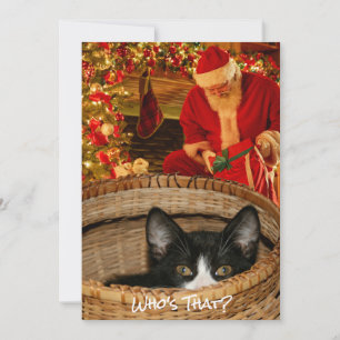 Tarjeta Festiva Gato gracioso en una canasta de Navidades de vacac