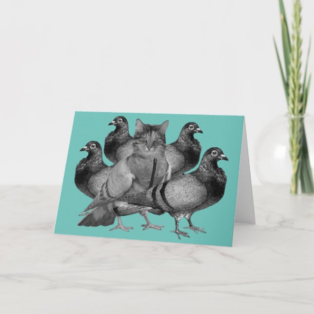 Tarjeta Festiva gato gracioso entre las palomas (Anverso)