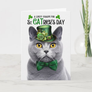 Tarjeta Festiva Gato Gris Chartreux St CATrick's Day Amuleto de la