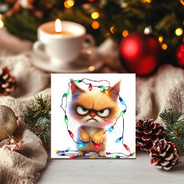 Tarjeta Festiva Gato gruñón envuelto en luces Navidades