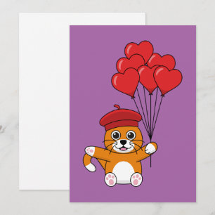 Tarjeta Festiva Gato Lindo con Globos de Corazón Rojo