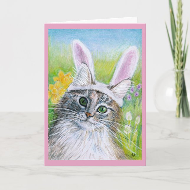 Tarjeta Festiva Gato lindo con Gorra de oído conejito Primavera Fl (Anverso)