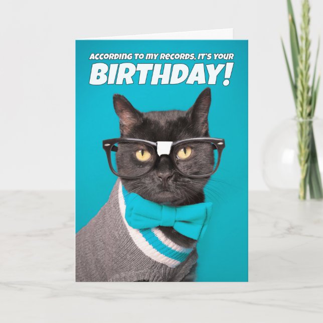 Tarjeta Festiva Gato lindo de cumpleaños feliz en anteojos nervios (Anverso)