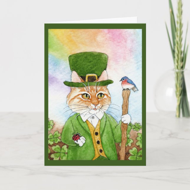 Tarjeta Festiva Gato lindo del Leprechaun, el día del arroz del (Anverso)