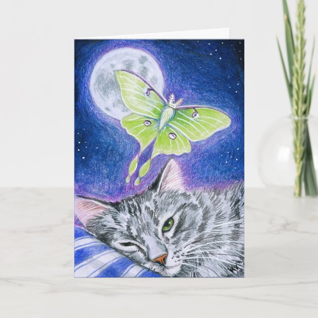 Tarjeta Festiva Gato lindo el dormir con la polilla de Luna (Anverso)