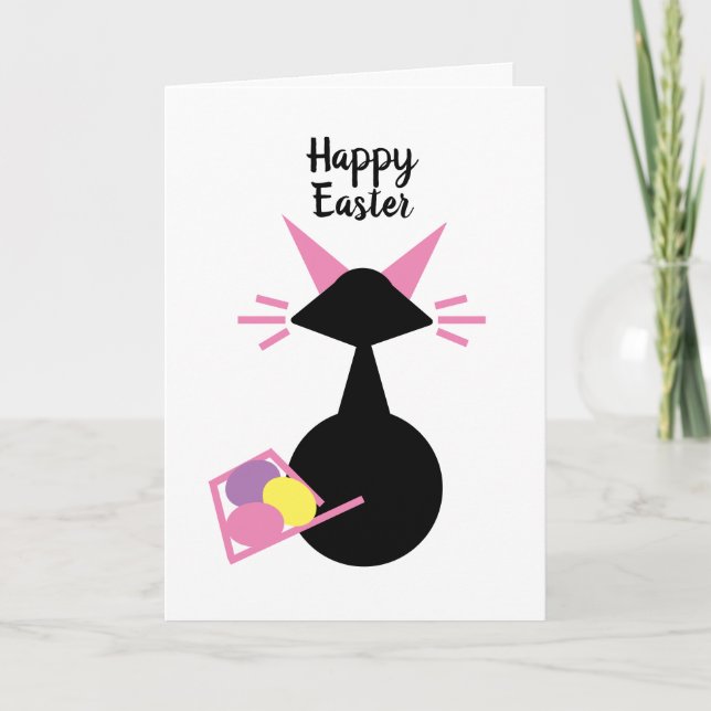 Tarjeta Festiva Gato lindo rosa Kitty Huevos Gato negro Feliz Pasc (Anverso)