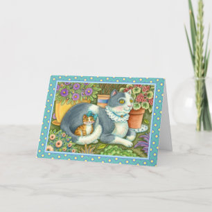 TARJETA FESTIVA GATO MADRE Y GATITO, FLORES EN MACETA, LAZOS Y ENC