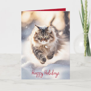 Tarjeta Festiva Gato Maine Coon corriendo a través de la nieve