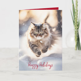 Tarjeta Festiva Gato Maine Coon corriendo por la nieve