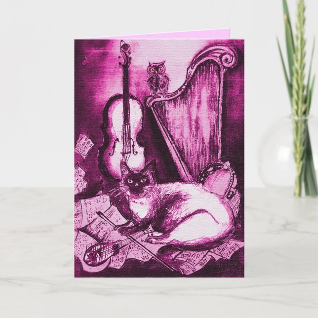 Tarjeta Festiva GATO MUSICAL, blanco de fucsia rosada (Anverso)