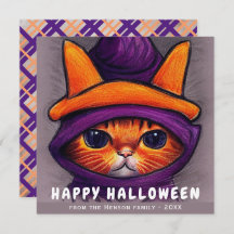 Gato naranja con Gorra bruja morado Feliz Hallowee