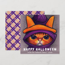Gato naranja con sombrero de bruja morado Feliz Ha