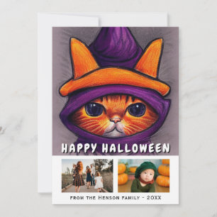 Tarjeta Festiva Gato Naranja Sombrero de Bruja Morado 2 Fotos Hall