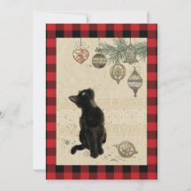 Gato negro a cuadros vintage mirando adornos