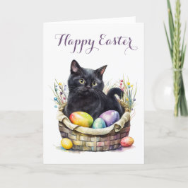 Tarjeta Festiva Gato negro adorable en la cesta de Pascua