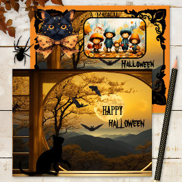 Tarjeta Festiva Gato Negro Adorable Murciélago Foto de Halloween