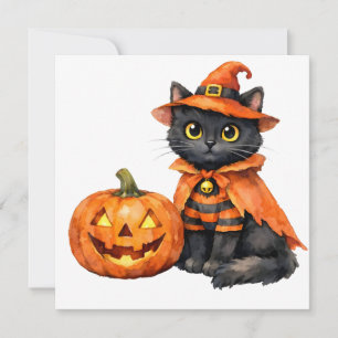 Tarjeta Festiva Gato negro al acuarela con disfraz de Halloween 