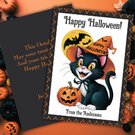 Tarjeta Festiva Gato Negro Brujo Personalizado Halloween Lindo