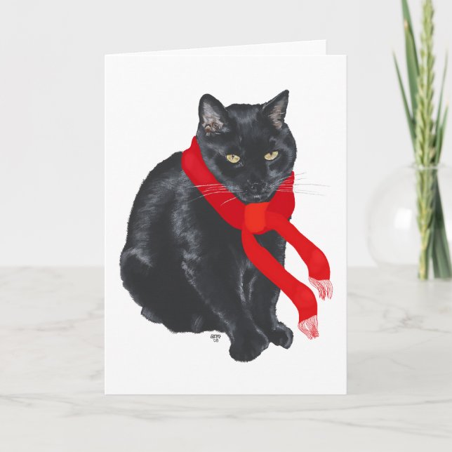 Tarjeta Festiva Gato negro con calor en los Navidades (Anverso)