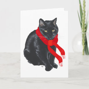 Tarjeta Festiva Gato negro con calor en los Navidades