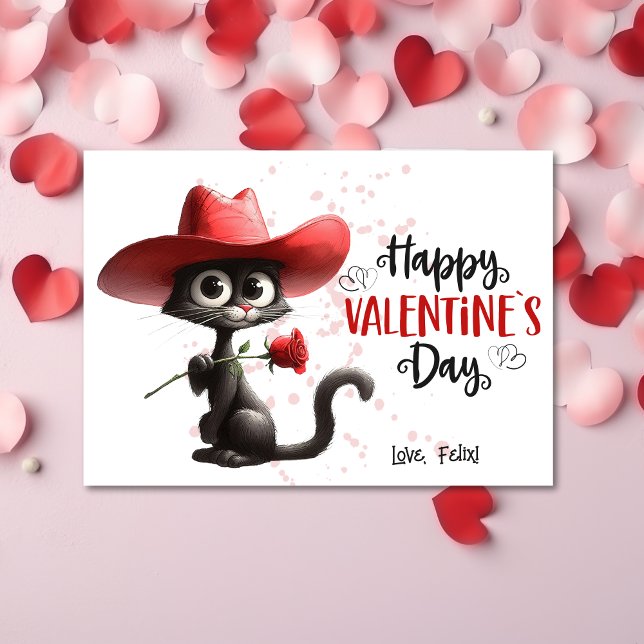Tarjeta Festiva Gato negro con Gorra vaquero Feliz Día de San Vale (Subido por el creador)