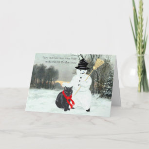 Tarjeta Festiva Gato negro con hombre de nieve en los Navidades
