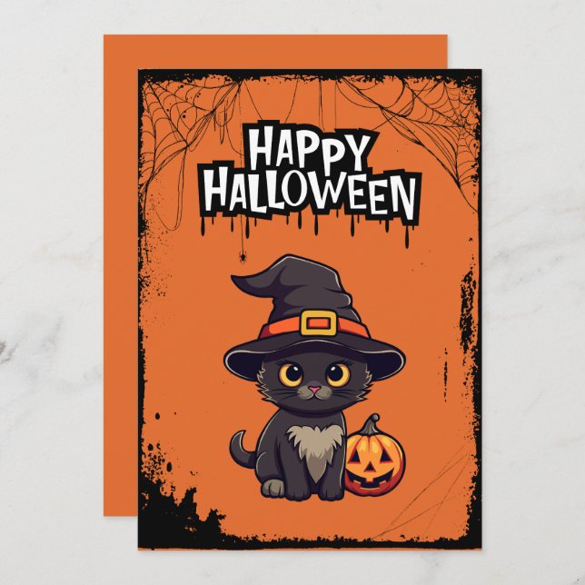 Tarjeta Festiva Gato Negro Con Jack O' Lantern De Calabaza (Anverso / Reverso)